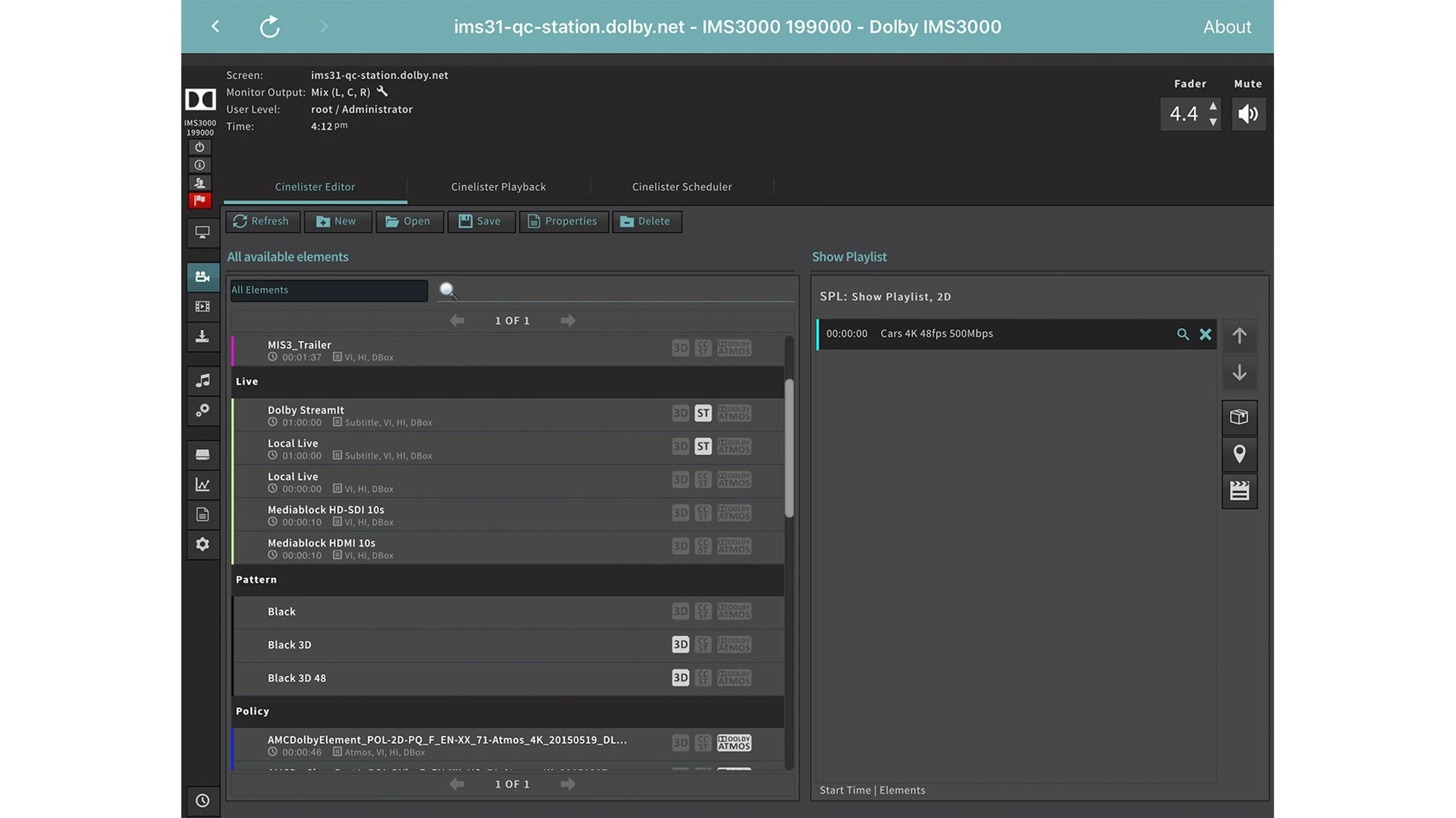 Dolby IMS3000 Playlist and Show Management Screen
