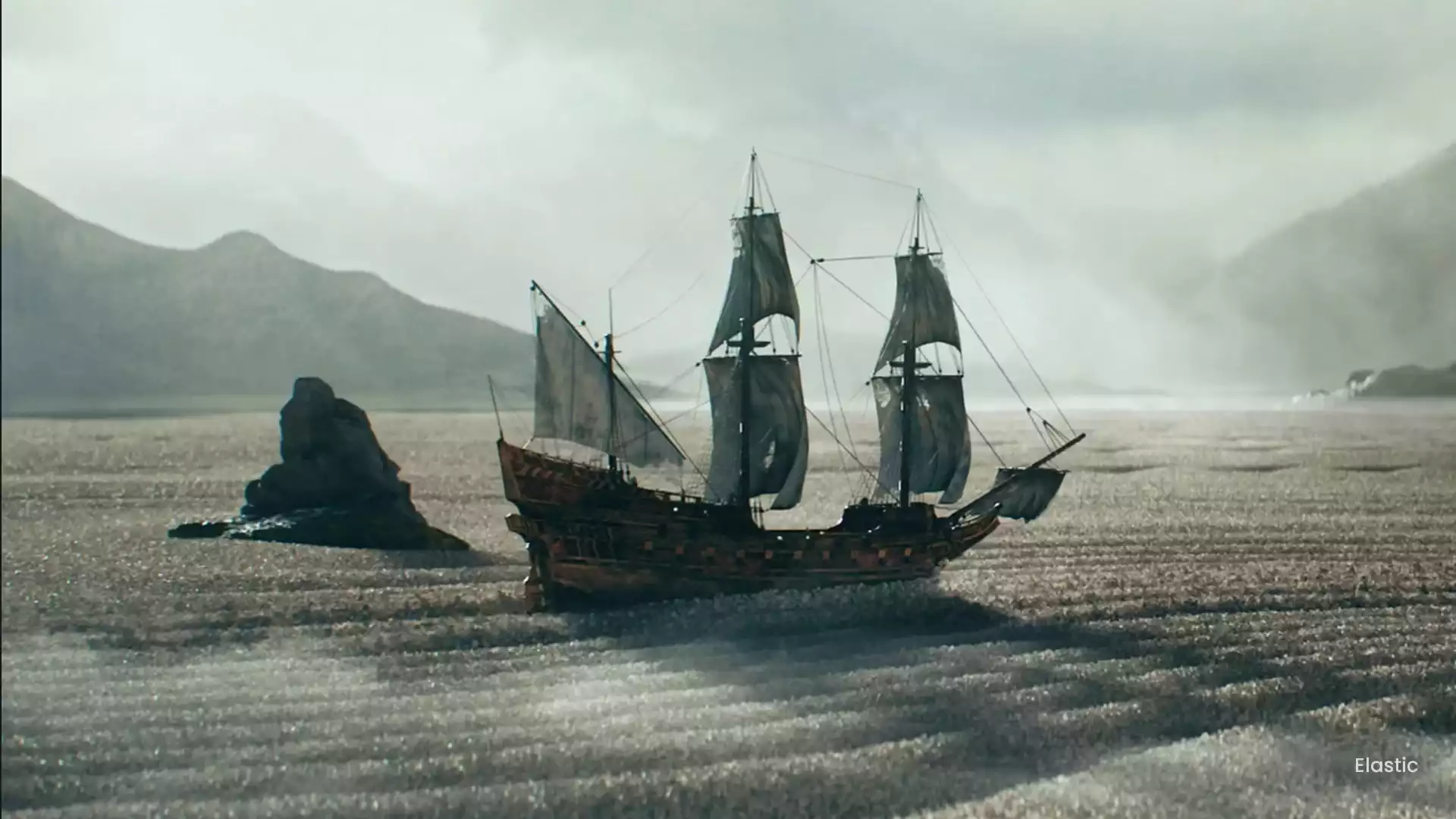 VFX composite of a ship at sea created using Cinema 4D simulation and rendering tools