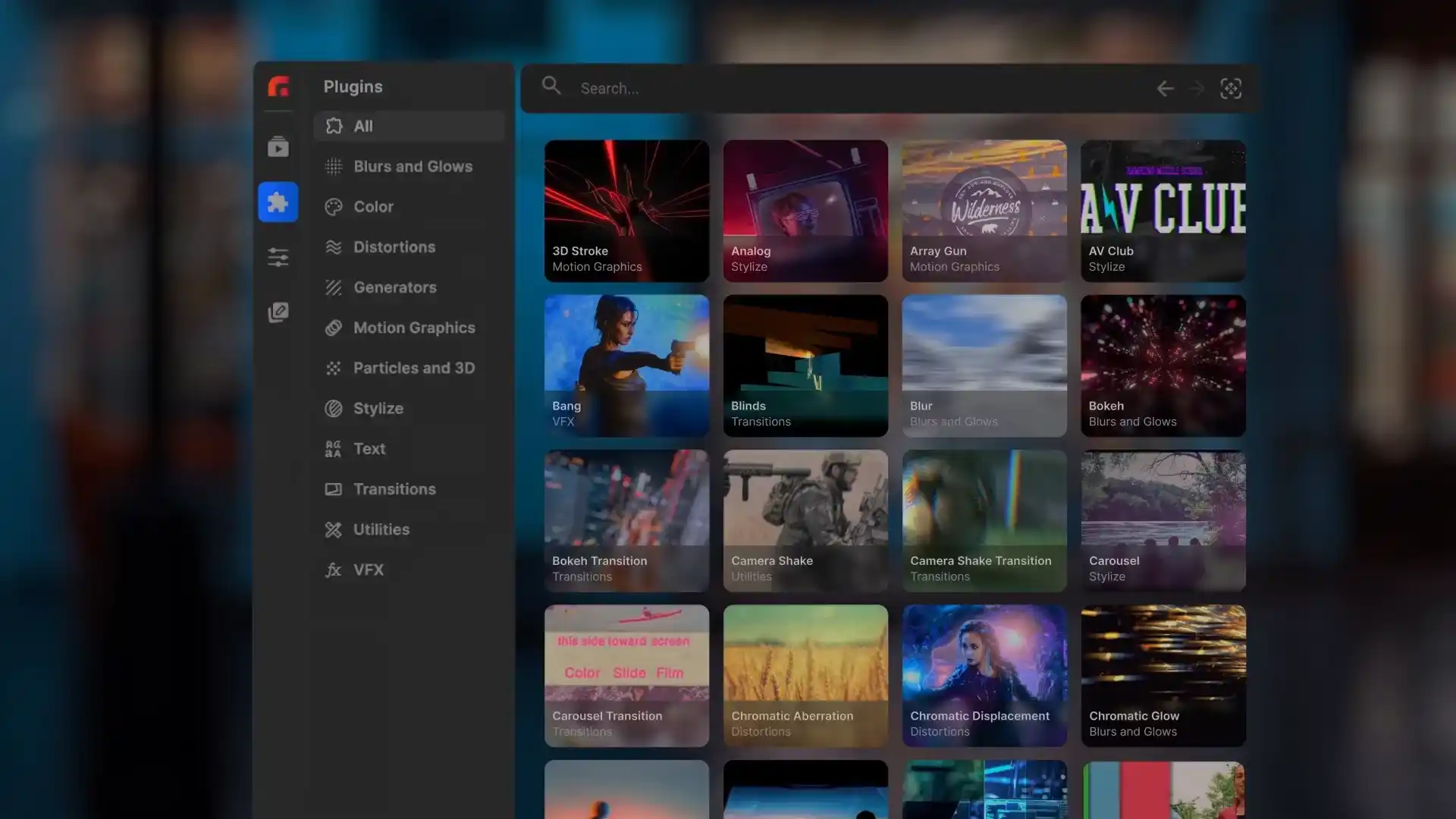 Red Giant plugin effects panel applied to a video editing timeline
